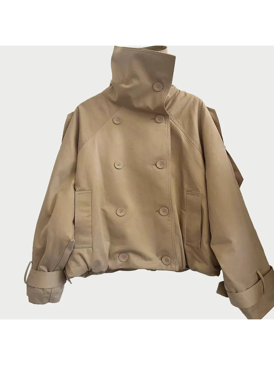 Lautaro Autumn Cool Short Oversized Khaki Jacket Coat Women Stand Collar Double Breasted Loose Casual Korean Fashion Clothes