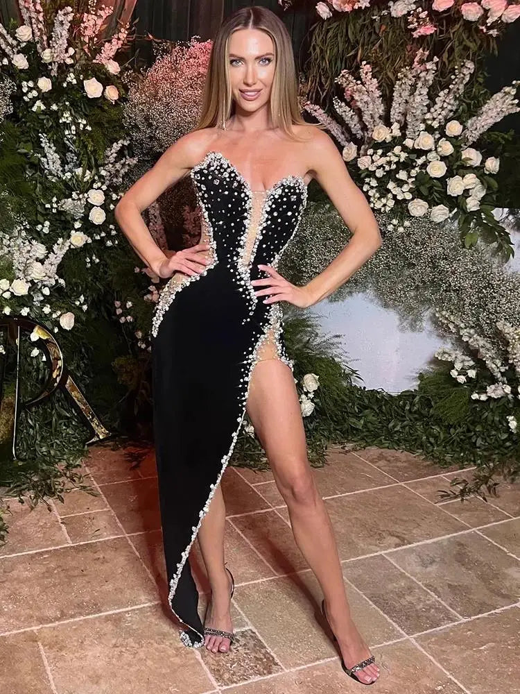 White Pink Blue Color Women Sexy Strapless Shinning Crystal Bodycon Bandage Maxi Dress Celebrate Evening Party Outfit Vestido black