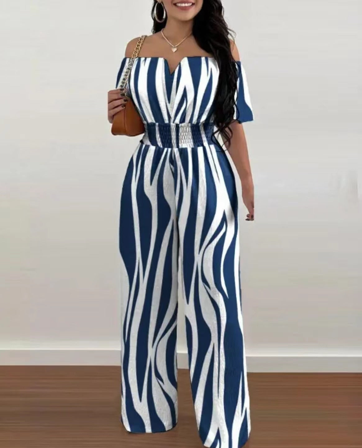 Summer Fashion Printed Wide Leg Jumpsuit Women Sexy Beach Style Off-shoulder High Waist Jumpsuit Womem 03
