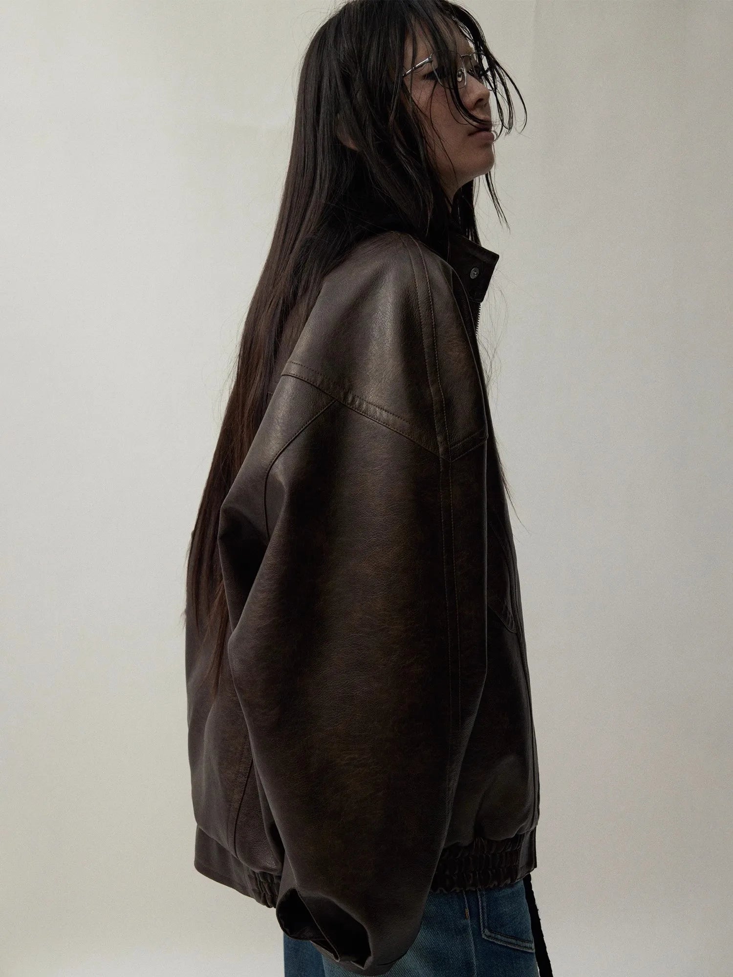 Lautaro Autumn Cool Handsome Distressed Brown Oversized Pu Leather Jacket Women Zippper Stand Collar American Retro Clothing