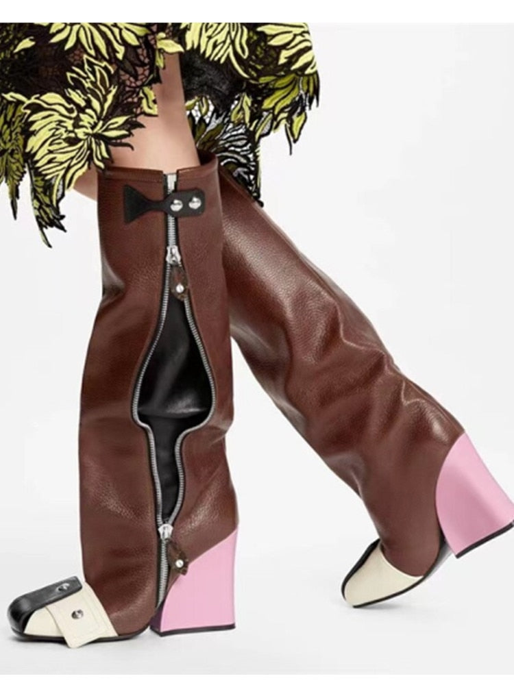 Punk Fan Motorcycle Boots Wome's Zipper Thick Sole Knee High Boots European and American Trend Nightclub Party brown pink heel 1