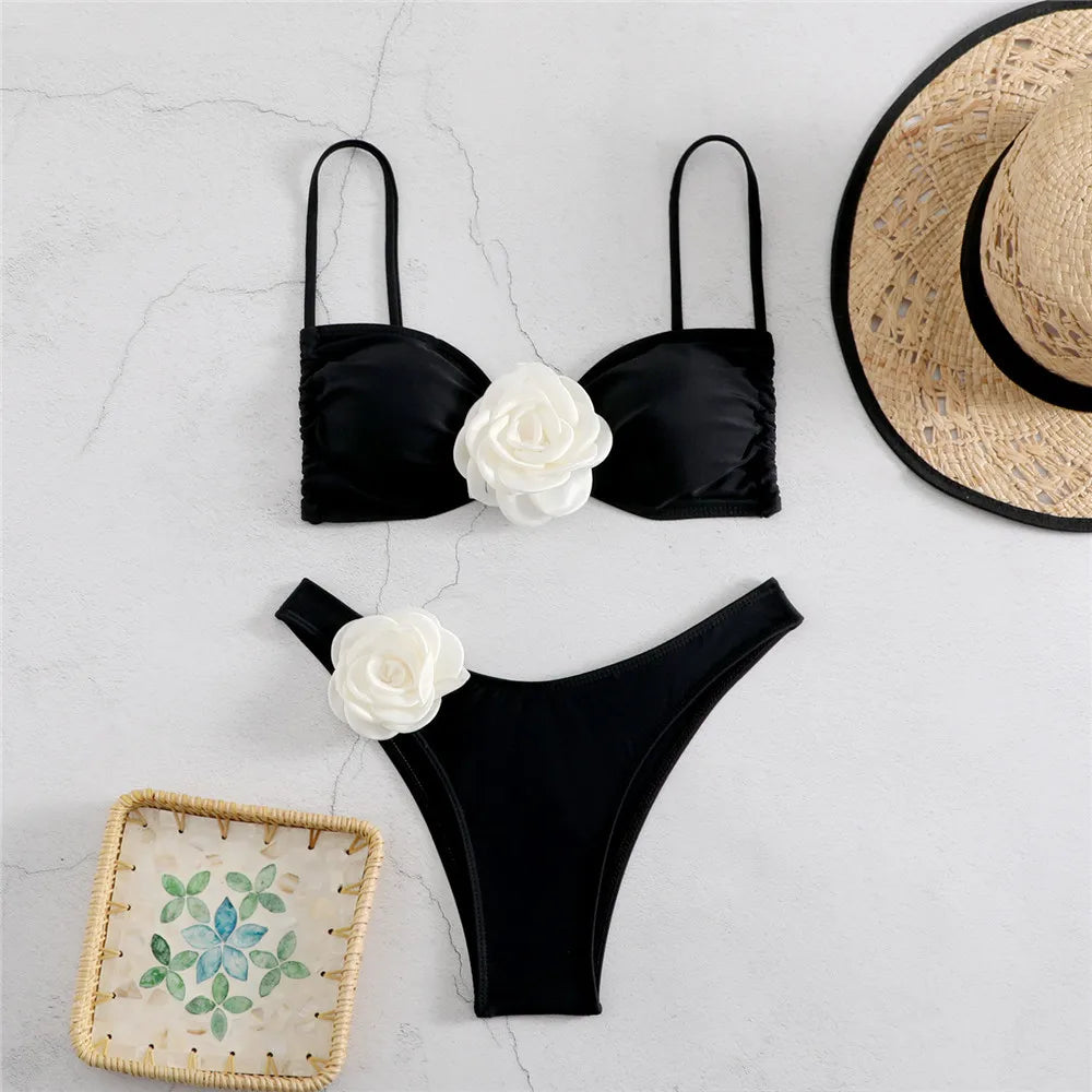 Sexy Flower Bandeau Swimwear Thong Bikini Women Lace-up Swimsuits Swimming Bathing Suit Brazilian Bikinis Set Mujer Biquini black