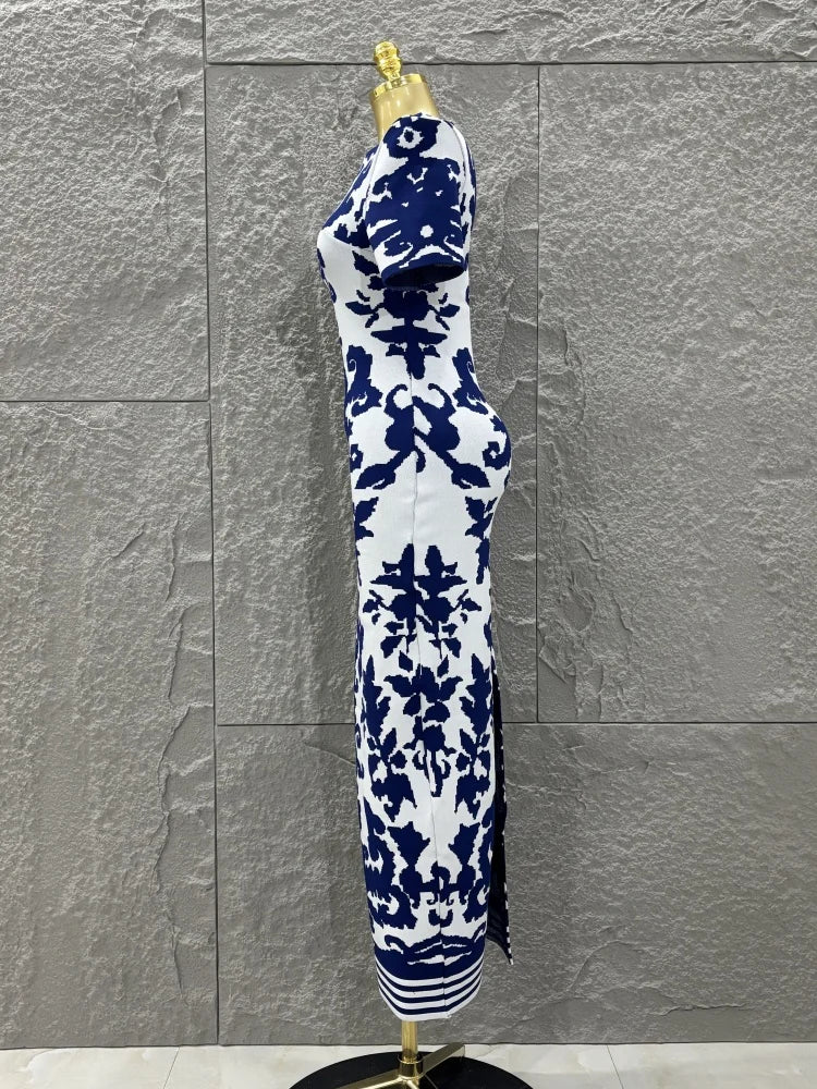 Top Quality Women Short Sleeve Sexy Blue Jacquard Bodycon Long Bandage Dress Elegant Evening Party Occation Office Wear