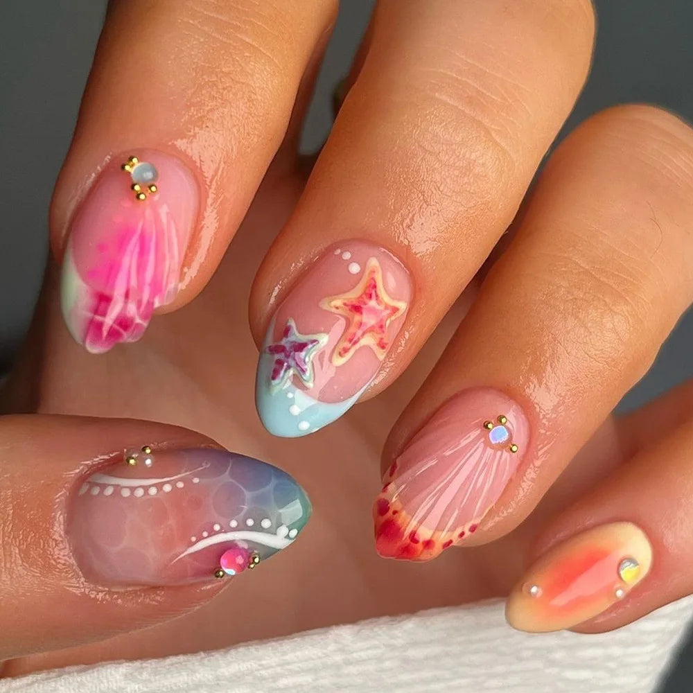 24Pcs Almond Shape Head Press on Fake Nails Short Round Head Full Cover Nail Tip Art Starfish Design French Colorful False Nails 073