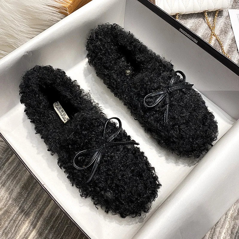 Women's plush cotton shoes Winter outdoor warm snow boots Flat bottomed Lefu shoes Lambhair Butterfly decoration design Large 41 black