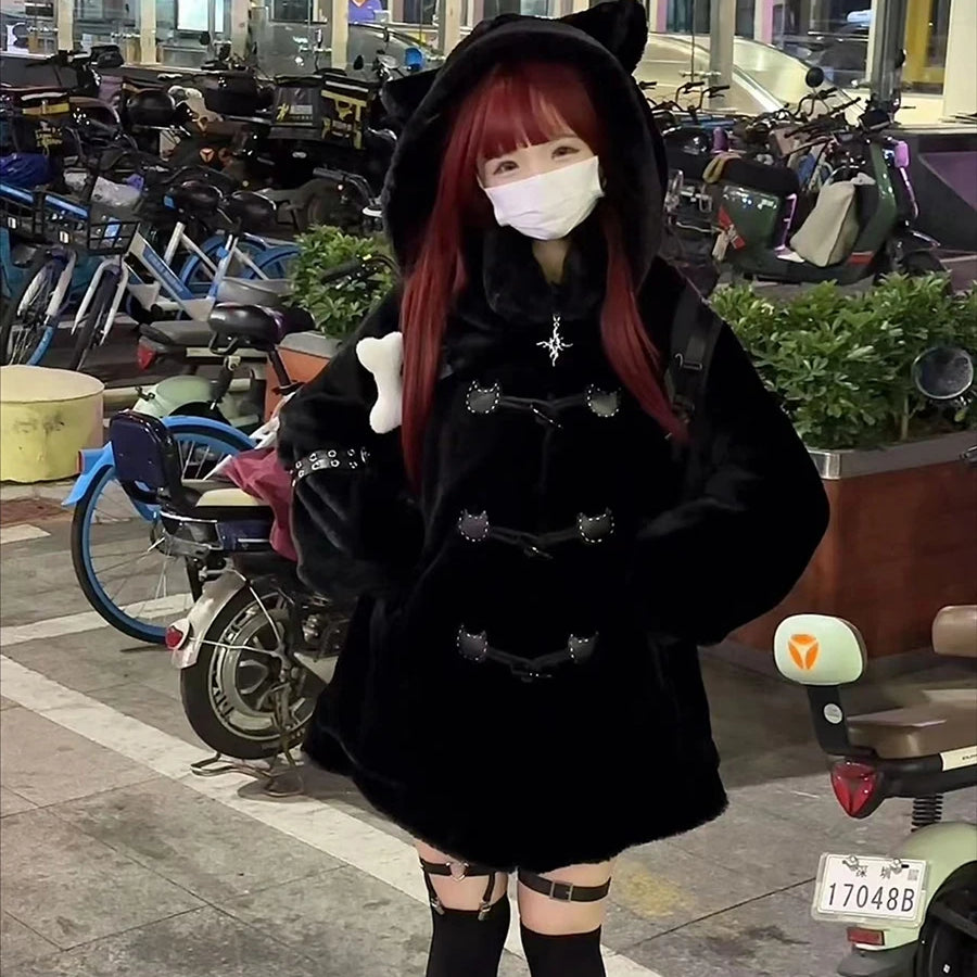 Lautaro Autumn Winter Oversized Soft Thick Warm White Faux Fur Hoodie Women with Bear Ears Horn Buttons Punk Style Fluffy Jacket Black One Size