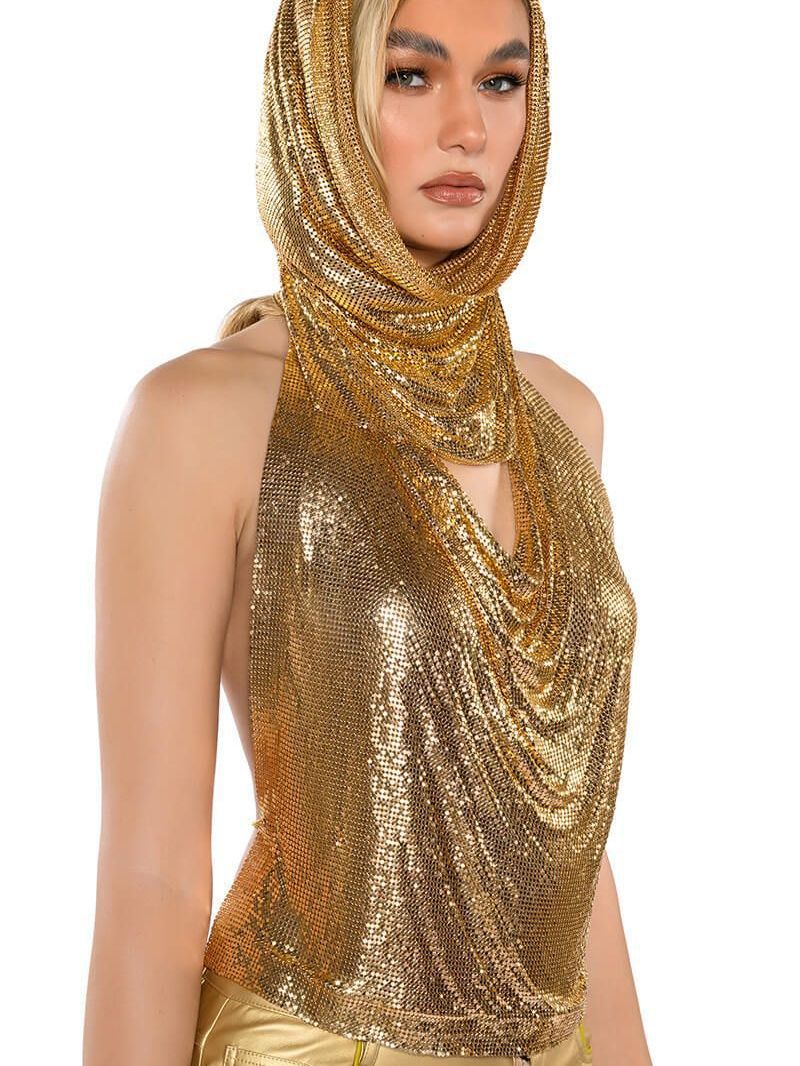 Women Metal Sequins Tank Top With Turban 2 Piece Sexy V Neck Backless Suspender Top Rave Festival Party Nightclub Camisole