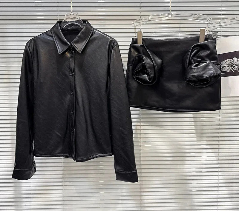Winter New Street Style Fashion PU Leather Shirt Jacket For Women Three-Dimensional Pleated Floral Skirts 11A07730