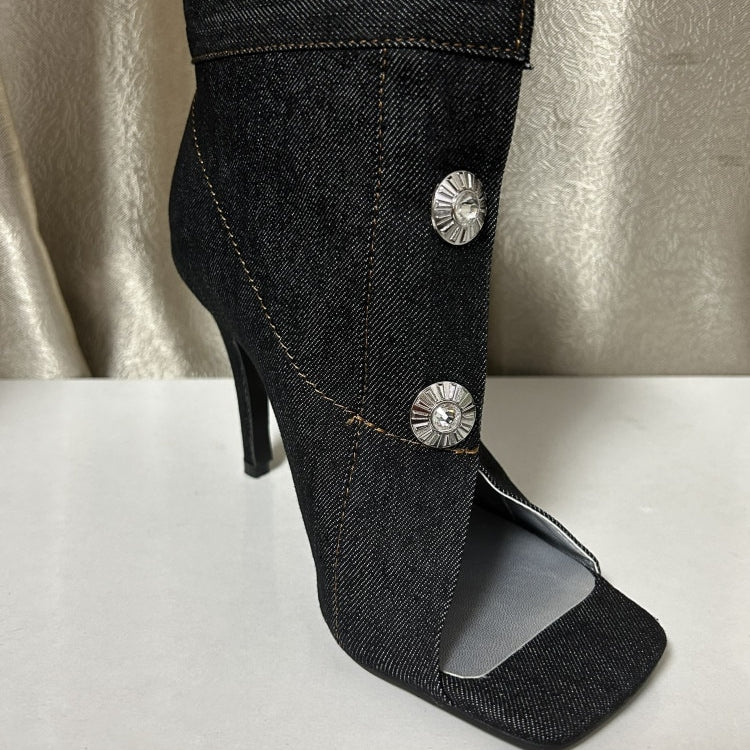 Women's Summer European and American Vintage Denim Slim High Heel Button Sandals Fashion New Open Teeth Large Size Sandals 137-black