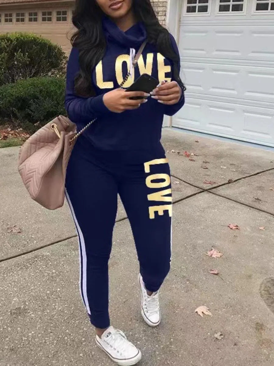 LW Plus Size Tracksuit Sets Drawstring Letter Striped Set Womens 2 Piece Sweatsuits Hoodie & Sweatpants Jogging Suits Outfits Navy Blue