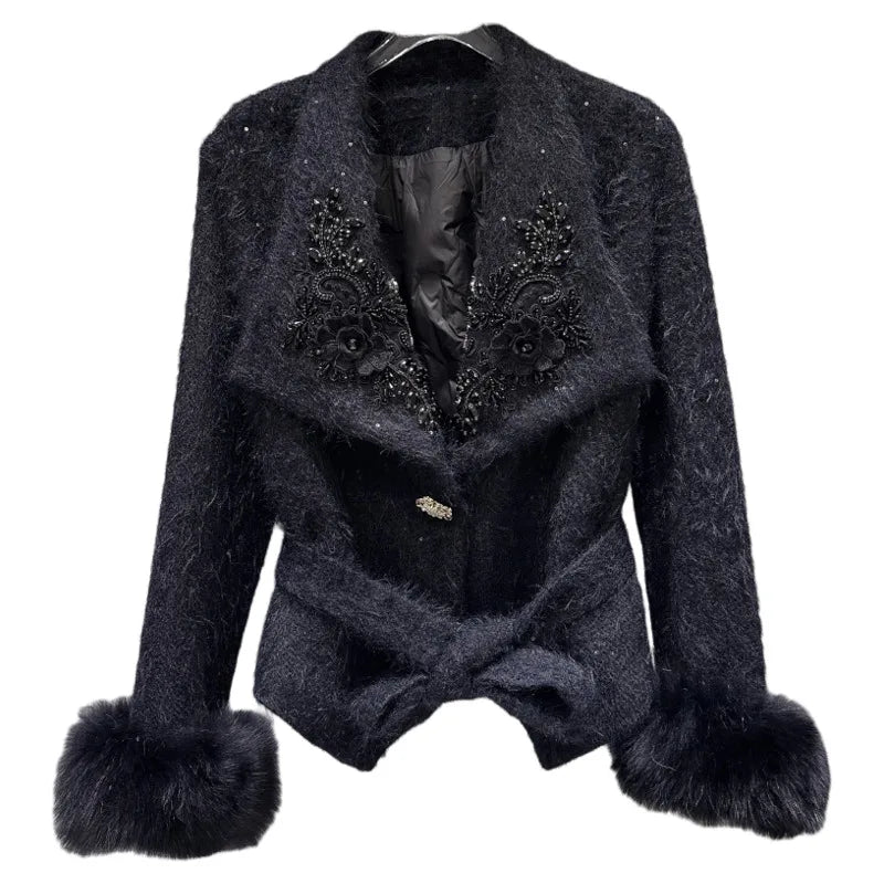 Winter New High-End Fox Fur Cuff Embroidered Collar Woolen Lace-Up Cotton Jacket For Women Elegant Coat 11A07767