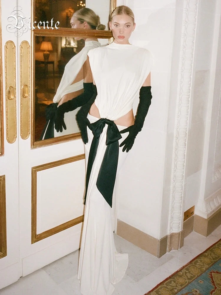Stylish Chic White Halter Sleeveless Backless Cutout with Bow Detail Maxi Dress Evening Gown