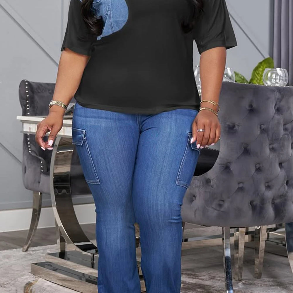 Plus Size Business Casual Black Round Neck Short Sleeve Pocket Denim Two Piece Pant Sets black