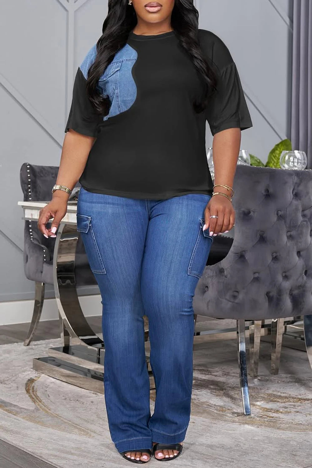 Plus Size Business Casual Black Round Neck Short Sleeve Pocket Denim Two Piece Pant Sets black