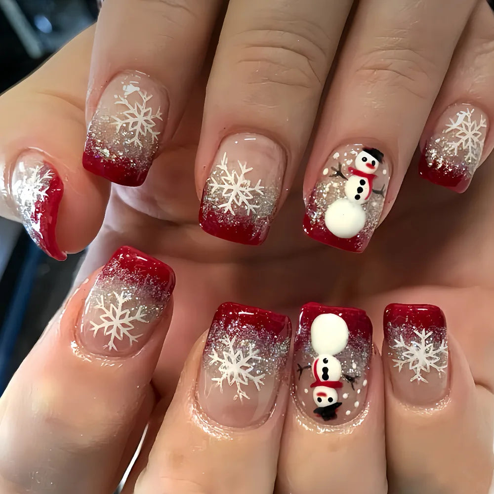 24pcs/set short fake nails for Christmas Square ballet winter false nail tips snow flakes christmas tree snowman press on nails 1658