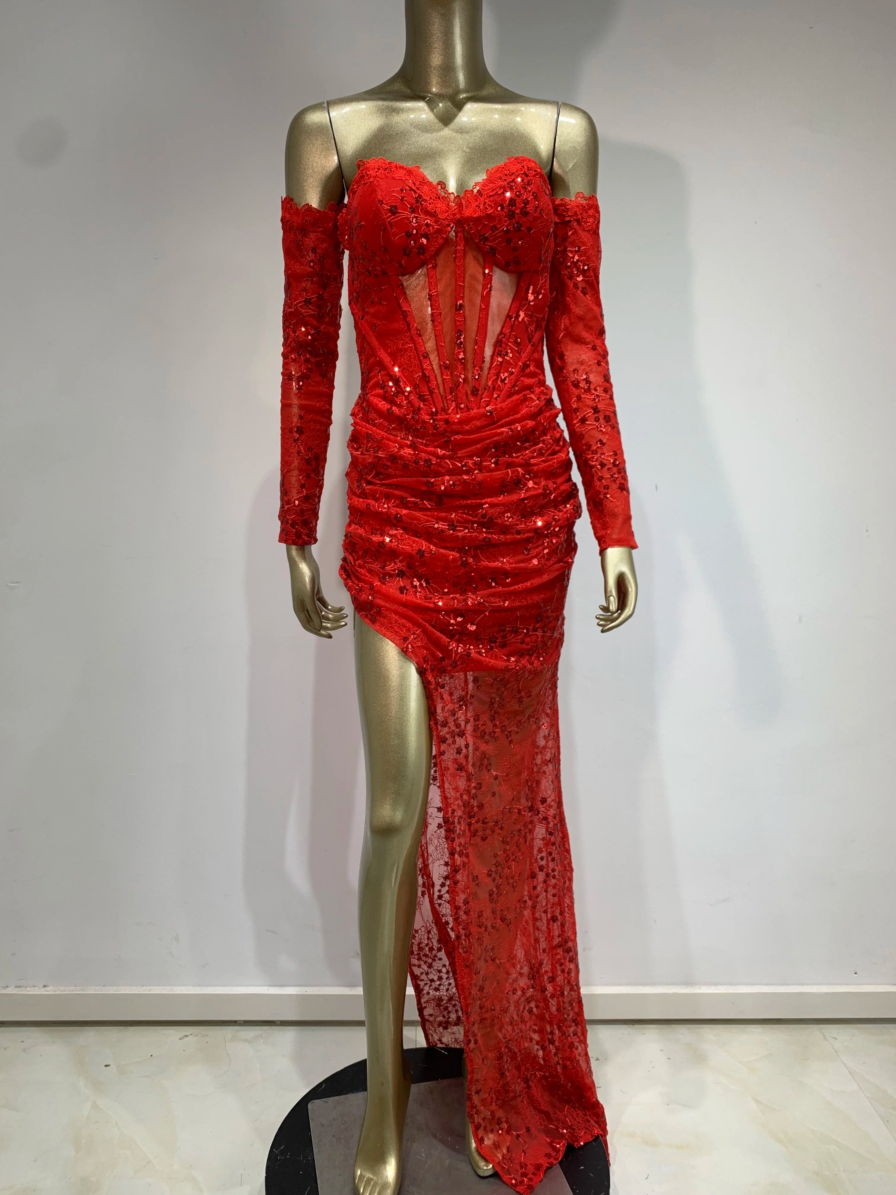New Women Summer Sexy Off Shoulder Lace Sequins Red Maxi Long Bodycon Dress 2024 Elegant Evening Party Club Dress Vestido
