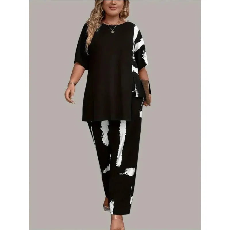 Plus Size Womens Brush Print Elegance Short Sleeve Round Neck Split Top & Matching Pants 2 Piece Outfit Set