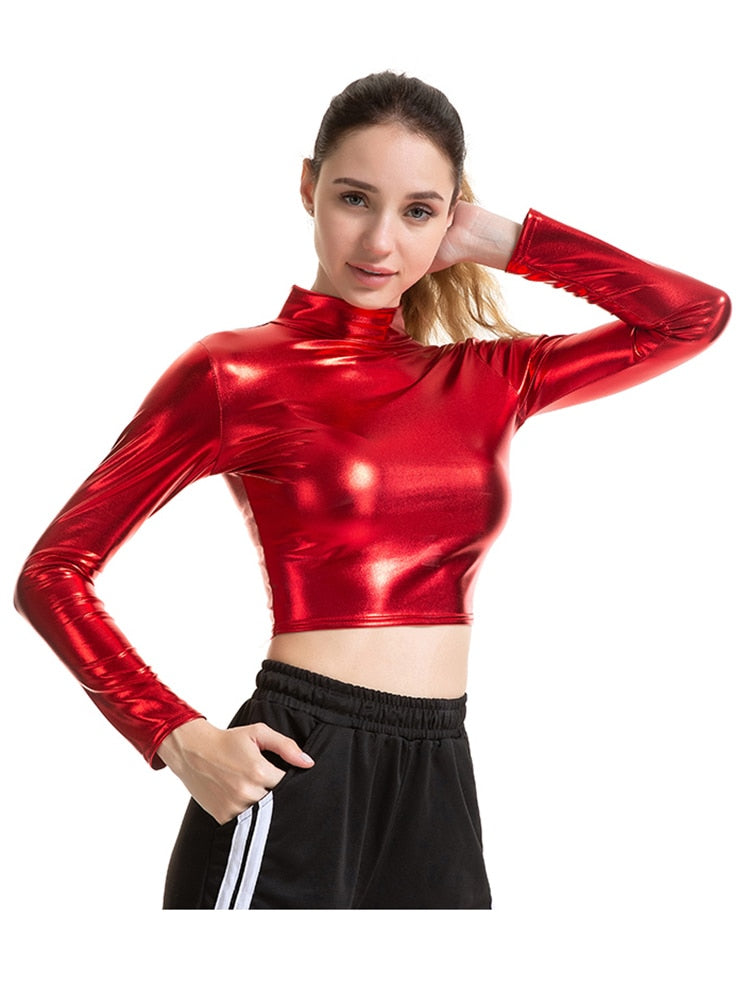 PU Short Top Women Shiny Leather Top High Street Turtleneck Dance Clubwear Long Sleeve Tops Gold Silver Costumes T shirt