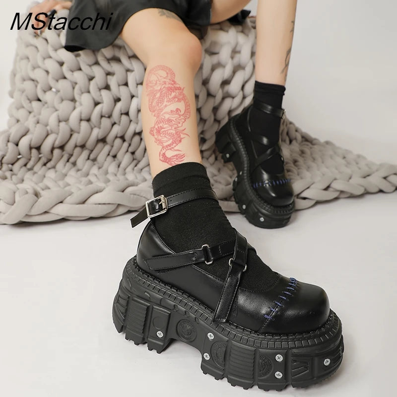 Punk Style Flat Platform Shoes Rivet Buckle Strap Mary Janes Cross Belt Black Leather Thick Bottom Shoes Women Sandals Summer