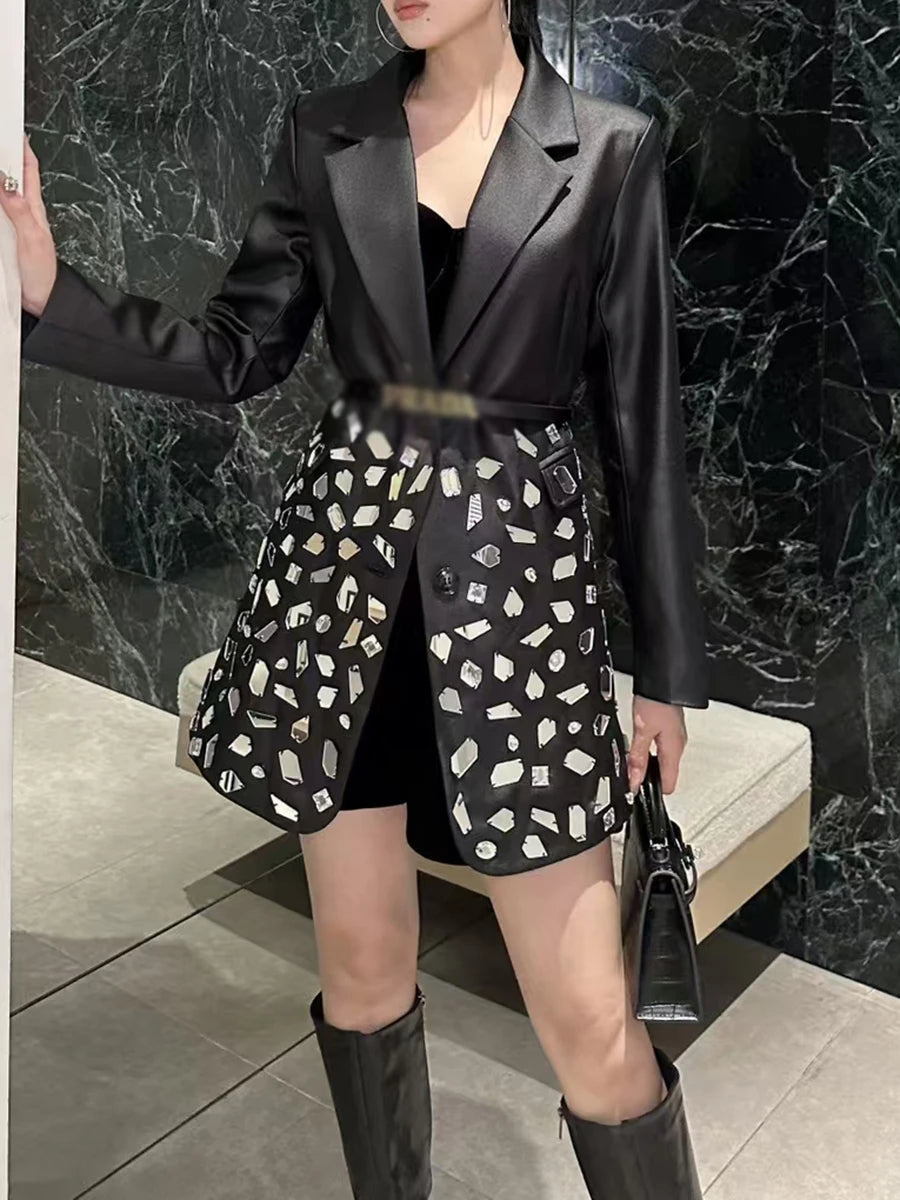 Spliced Diamonds Luxurious Jackets for Women Lapel Long Sleeves Patchwork Single Breasted Fashion Jacket Female New