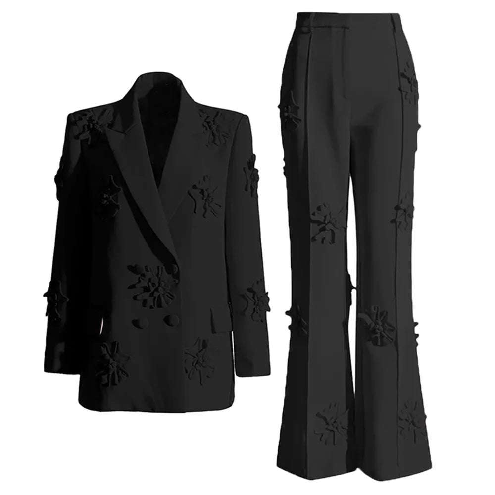 Solid Patchwork Appliques Two Piece Sets For Women Lapel Long Sleeve Coat High Waist Pant Chic Set Female Clothing BLACKSET