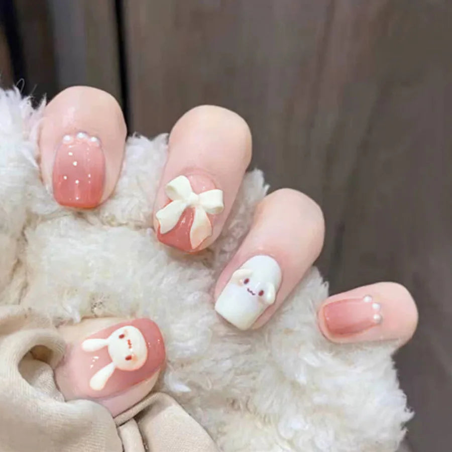 24pcs/set Short Medium fake nails for women girls 3D cute pink bow flowers leopard french square almond tips press on false nail 2653