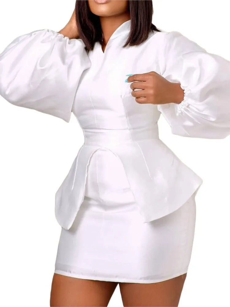 Plus Size Autumn 2 Two Piece Set Women Puff Long Sleeve Fashion Slim Waist Ladies Cropped Blouses Bodycon Sexy Woman Mini Skirts