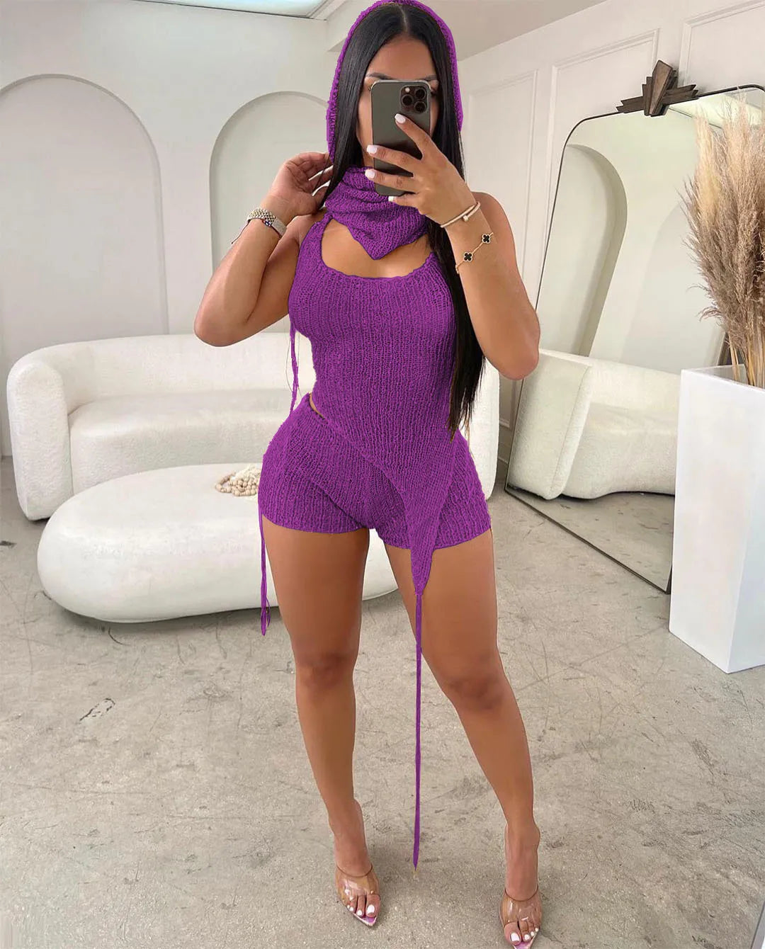 Knit Ribbed Women's Set Halter Neck Backless Crop Top with Hat Shorts Suit 2023 Summer Two 2 Piece Set Outfit Tracksuit PURPLE
