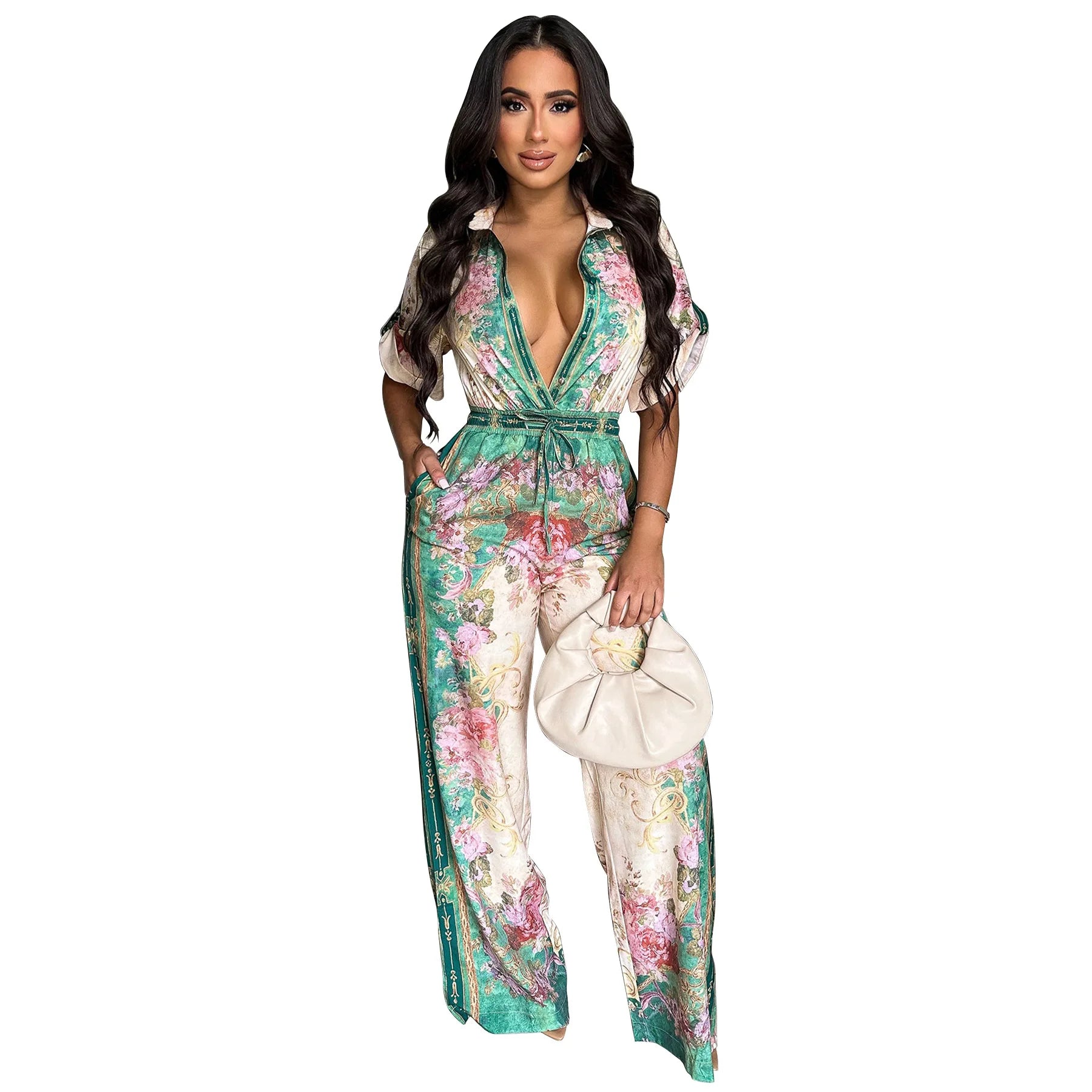 CM.YAYA Women Floral Printed Vintage Blouse Style Wide Leg Jumpsuits 2025 Summer Beach Night Club Playsuit One Piece Suit Romper Light Green