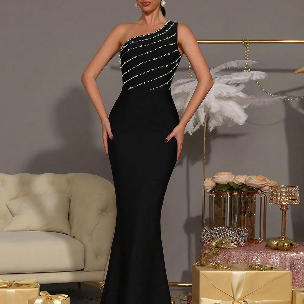 2025 Elegant Women Nail Bead Design Bandage Dress One Shoulder Sleeveless Bodycon Long Dress Cocktail Evening Club Party Vestido