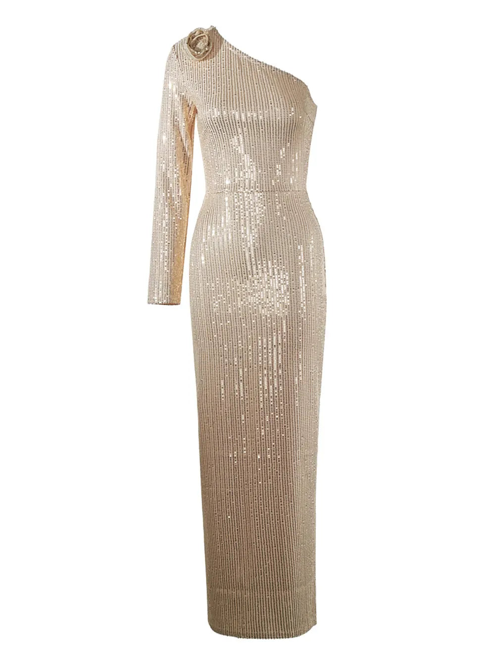 2024 Women's Light Luxury Glitter Dress with Diagonal Collar Single Shoulder Sleeve 3D Flower Decoration Bodycon Long Dresses