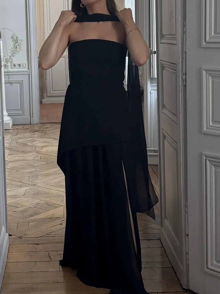 Sexy Off Shoulder With Scarf Maxi Dress For Women Fashion High Waist Sleeveless Backless Long Dresses New Lady Evening Club Robe