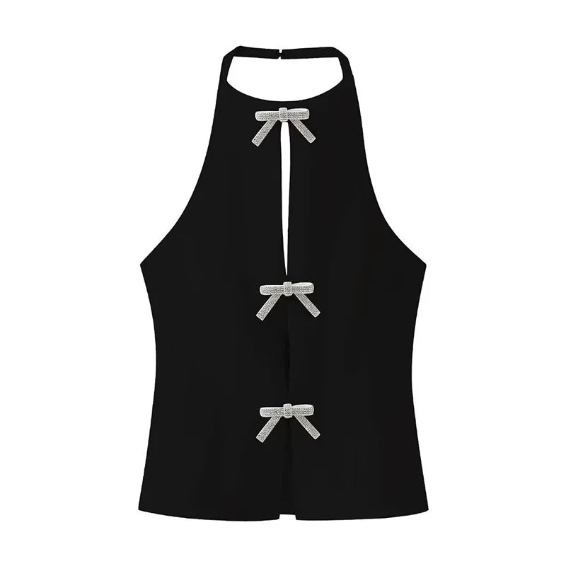 Elegant Rhinestones Bow Halter Vest Women Sleeveless Backless Hollow Out Lace Up Female Tops Summer Fashion Lady Sling Top 01 black