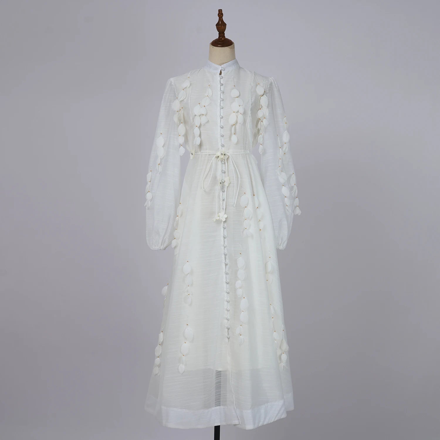 Luxury Beaded Appliques Flower Belt Mesh Dress Women Pearl Button Single Breasted Long Lantern Sleeve Prom Wedding Party Vestido white