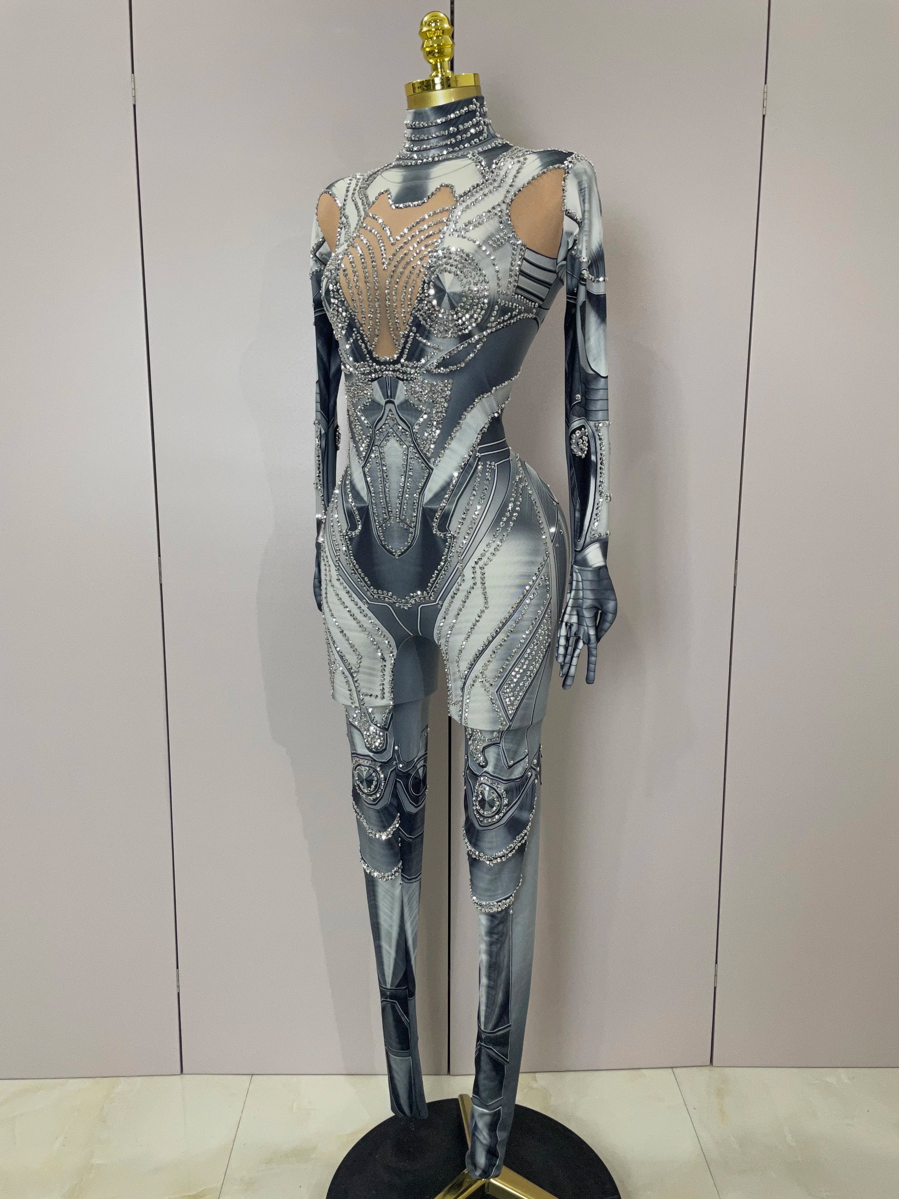 2025 New Trendy Women Sexy Rhinestones Printed Skinny Jumpsuit High Street Performance Dance Costume Bar Club Show Stage Wear