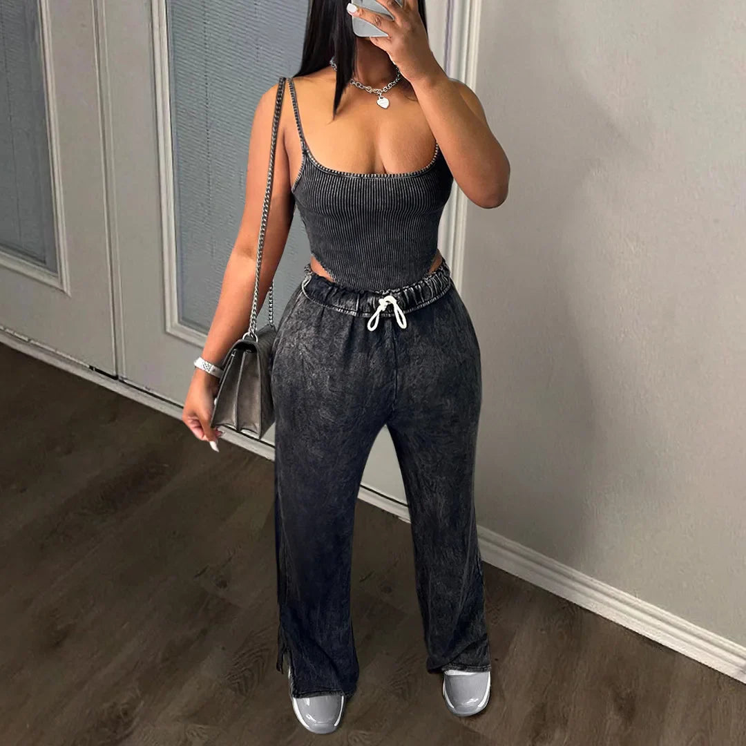 Summer Women’s Sets SleevelessTop and Elastic Wide Leg Pants Sets Sexy 2 Two Piece Sets Casual Night Club Outfits Dark Gray