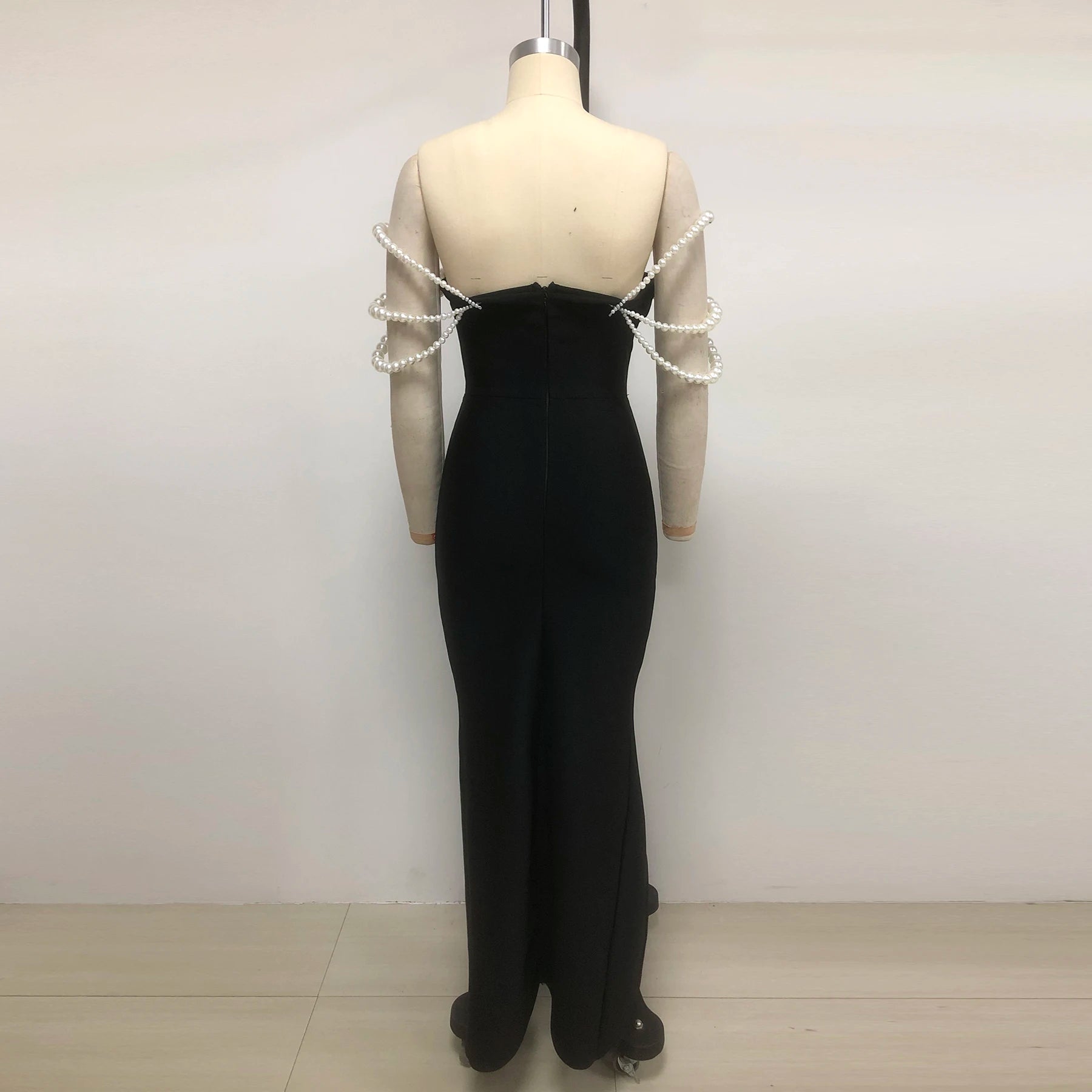 Women Sexy Strapless Big Pearl Beading Bodycon Long Bandage Dress Celebrate Evening Party Red Carpet Fashion Outfit