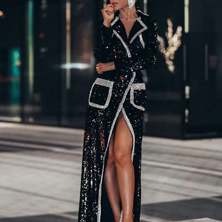 Celebrity Evening Cocktail Party Maxi Dress Women Polo Neck Long Sleeve Double breasted Pocket Design Slim Fit Split Long Dress