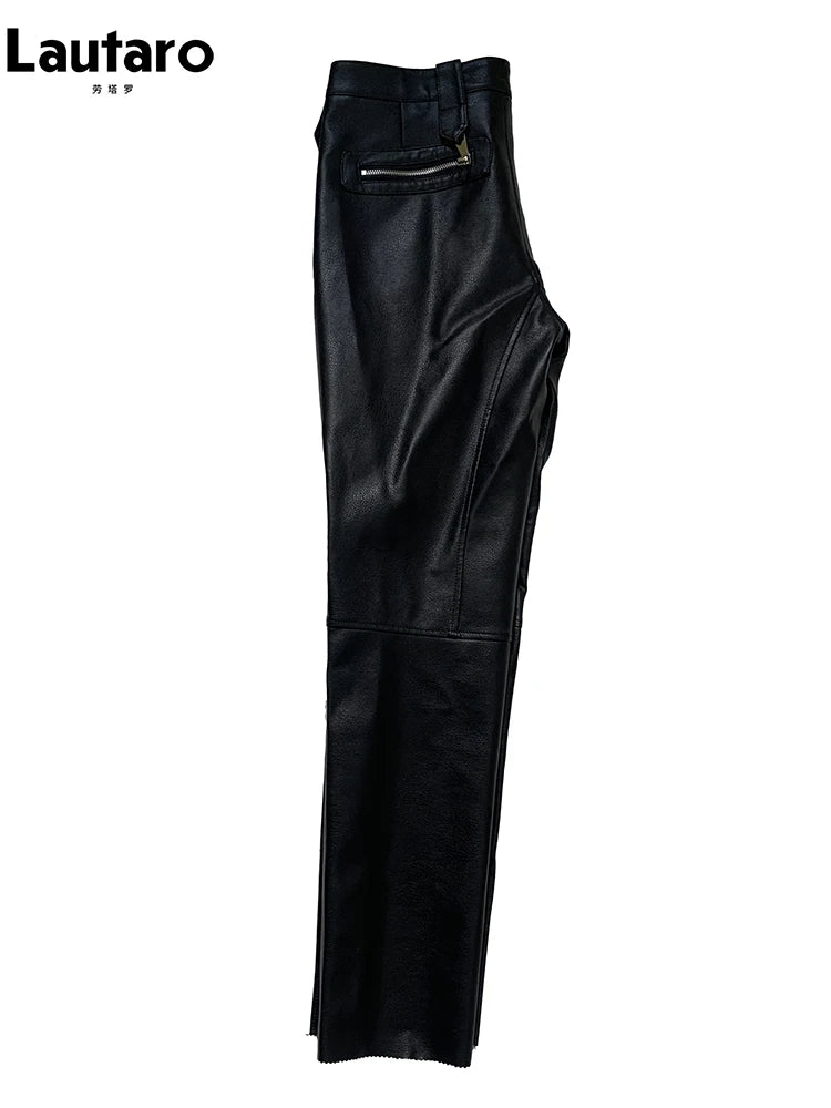 Lautaro Autumn Cool Black Fitted Faux Leather Moto & Biker Pencil Pants Men High Waist Luxury Mens Designer Clothes Fashion 2025