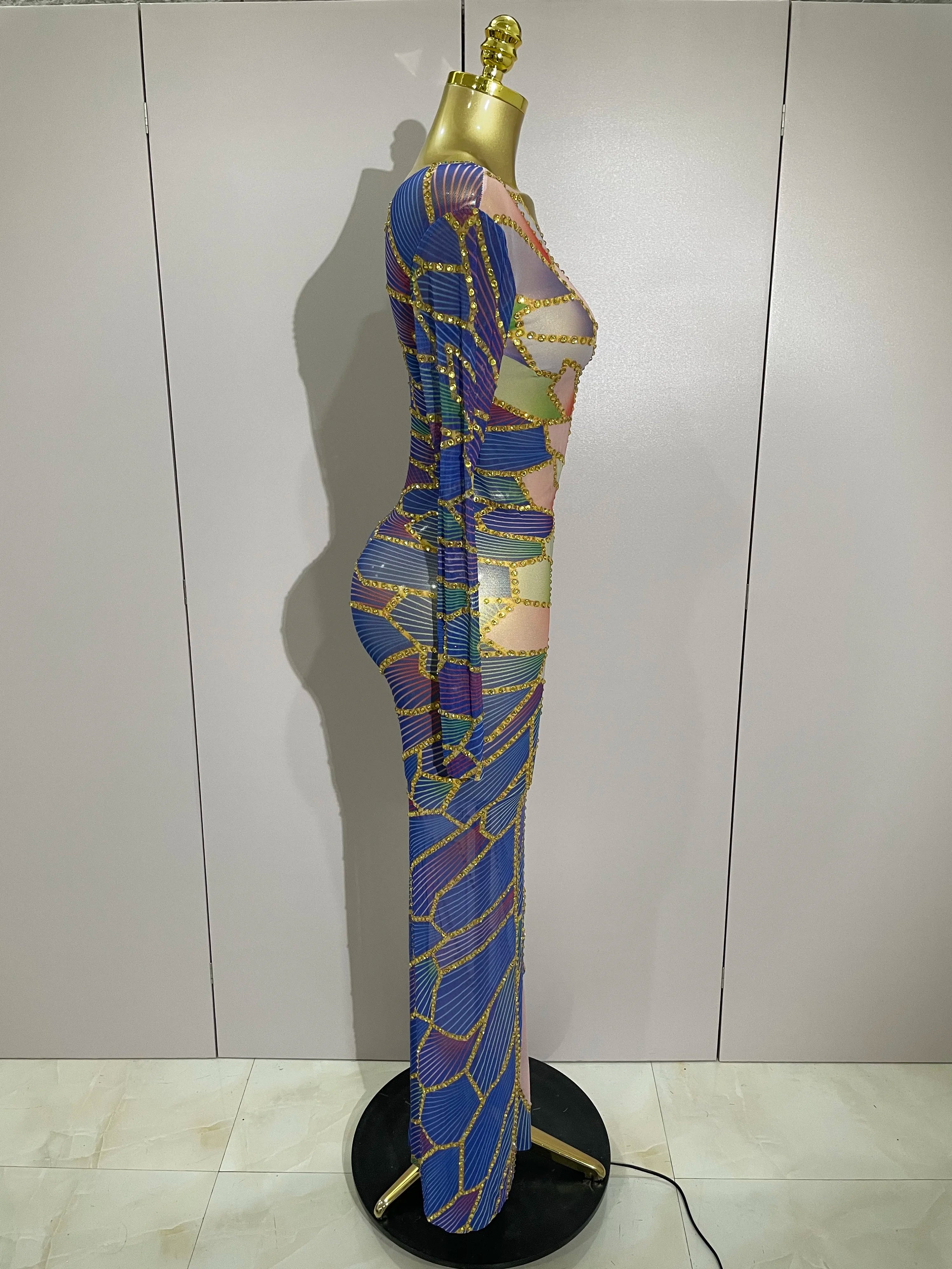 2025 New Luxury Sparkly Rhinestone Stretchy Mesh See Through Long Dress Women Birthday Party Performance Nightclub Stage Costume