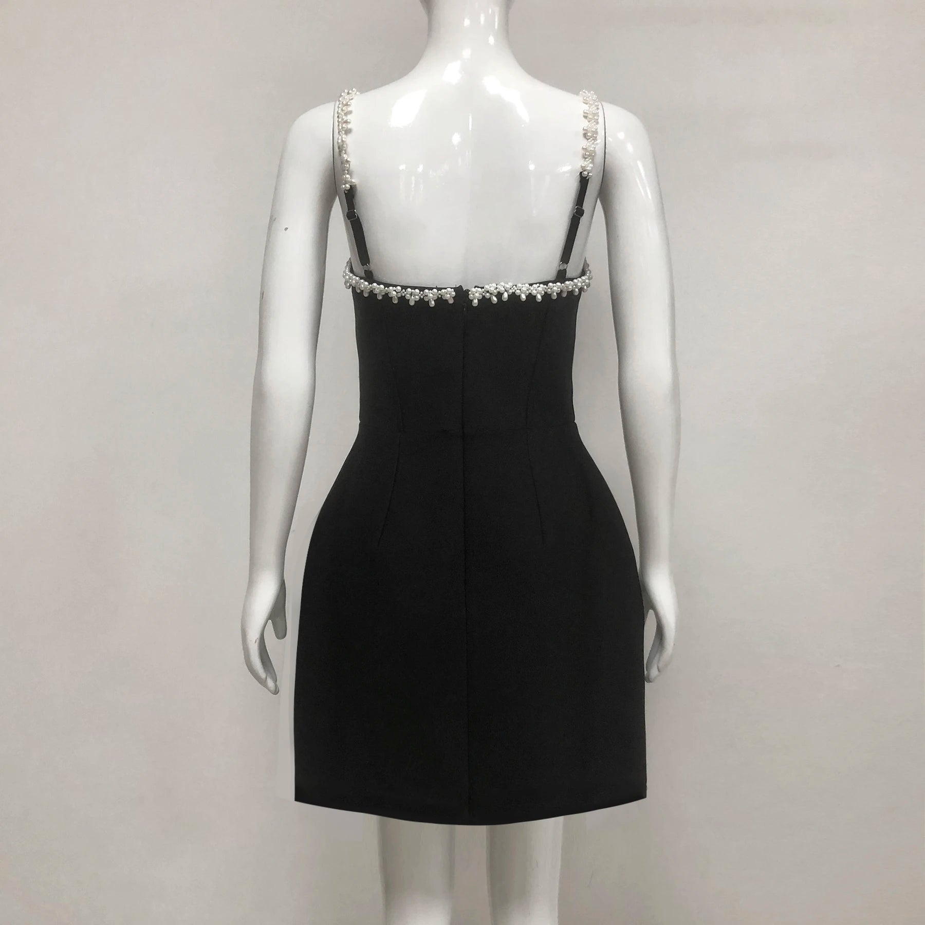 Black Color Women Sexy Strap Square Collar Beading Straight Mini Bandage Dress Elegant Evening Party Red Carpet Outfit