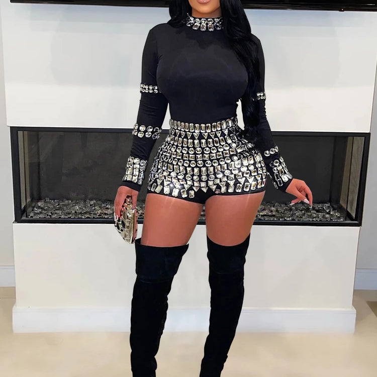 Women Diamonds Hot Rhinestones Long Sleeve Short Jumpsuits 2024 Summer Sexy Party Club One Piece Suit Rompers Playsuits