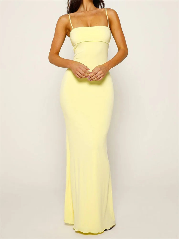 CHRONSTYLE Women Long Dresses Slim Fit Square Neck Backless Spaghetti Strap Solid Color Dress Party Club Wedding Night Vestidos A