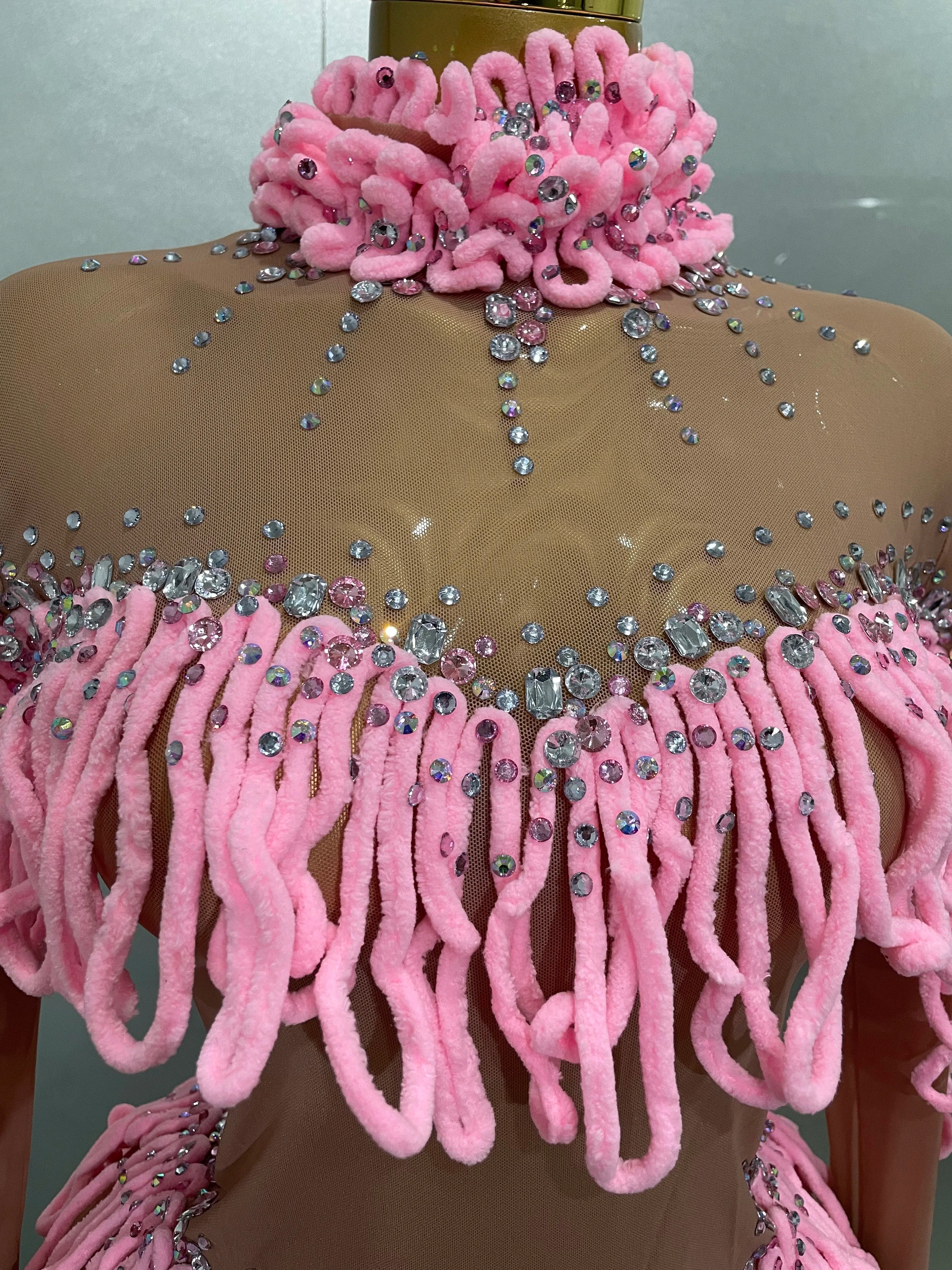 2025 New Women Shining Rhinestones Sexy Mesh Tassels Bodysuit Birthday Party Club Performance Dance DJ Leotard Show Stage Wear