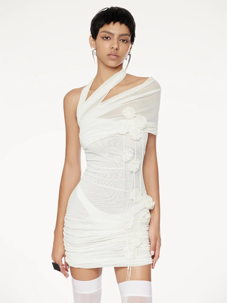 White Color Women Sexy Halter Florals Mesh See Through Bodycon Mini Dress Celebrate Fashion Nightlcub Party Outfit Wholesale WHITE