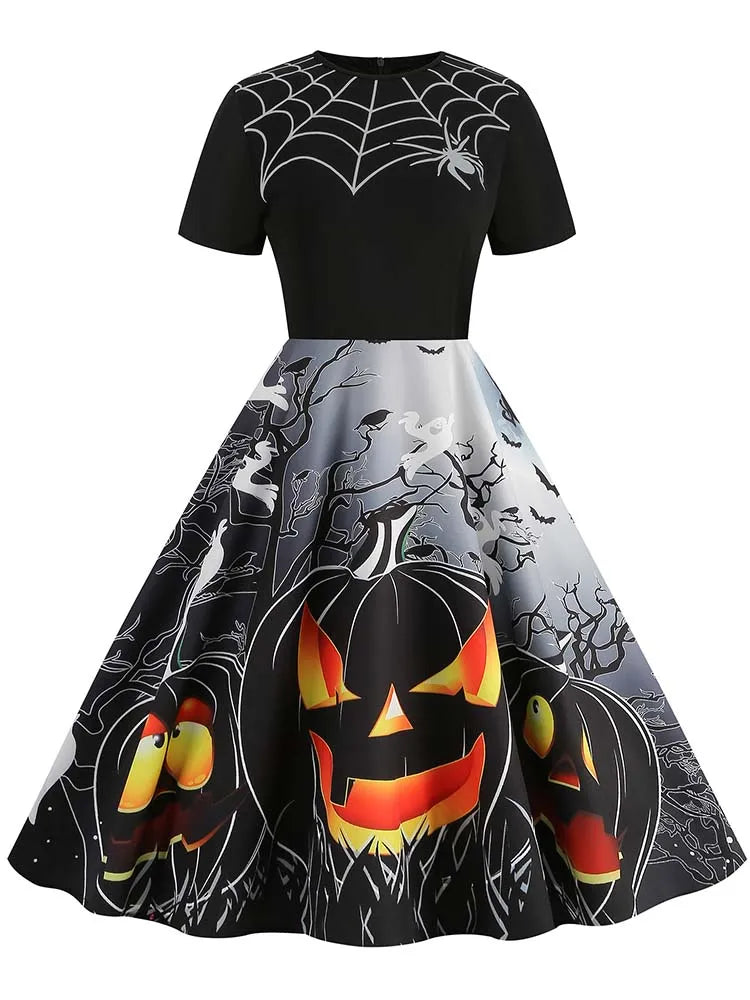 Women Halloween Costumes Dresses Short Sleeve Print 2024 Autumn Winter Vintage Party Dress Vestidos