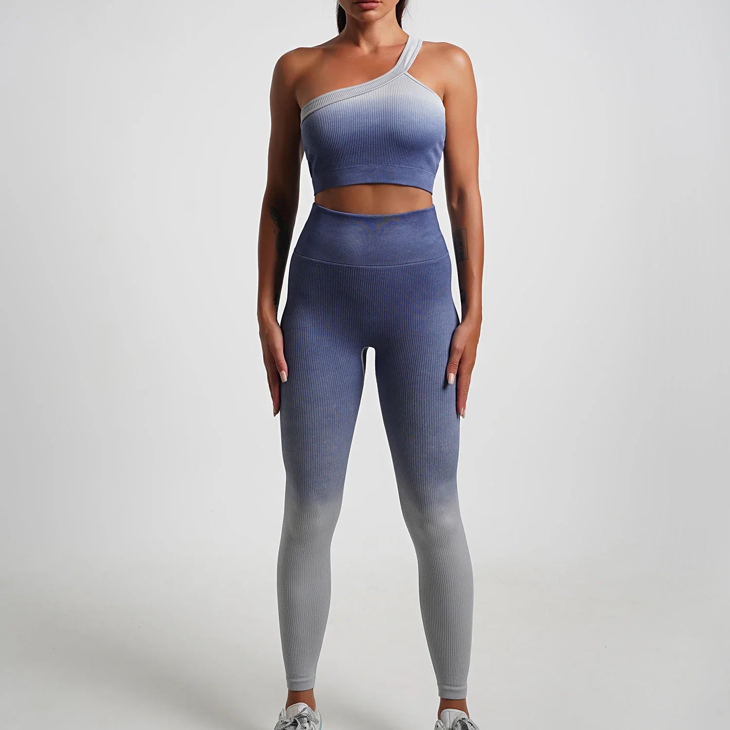 Seamless Gradient Yoga Sets Sports Fitness High Waist Hip-Lifting Pants Long-Sleeved Suits Workout Gym Leggings Sets for Women Gray blue D