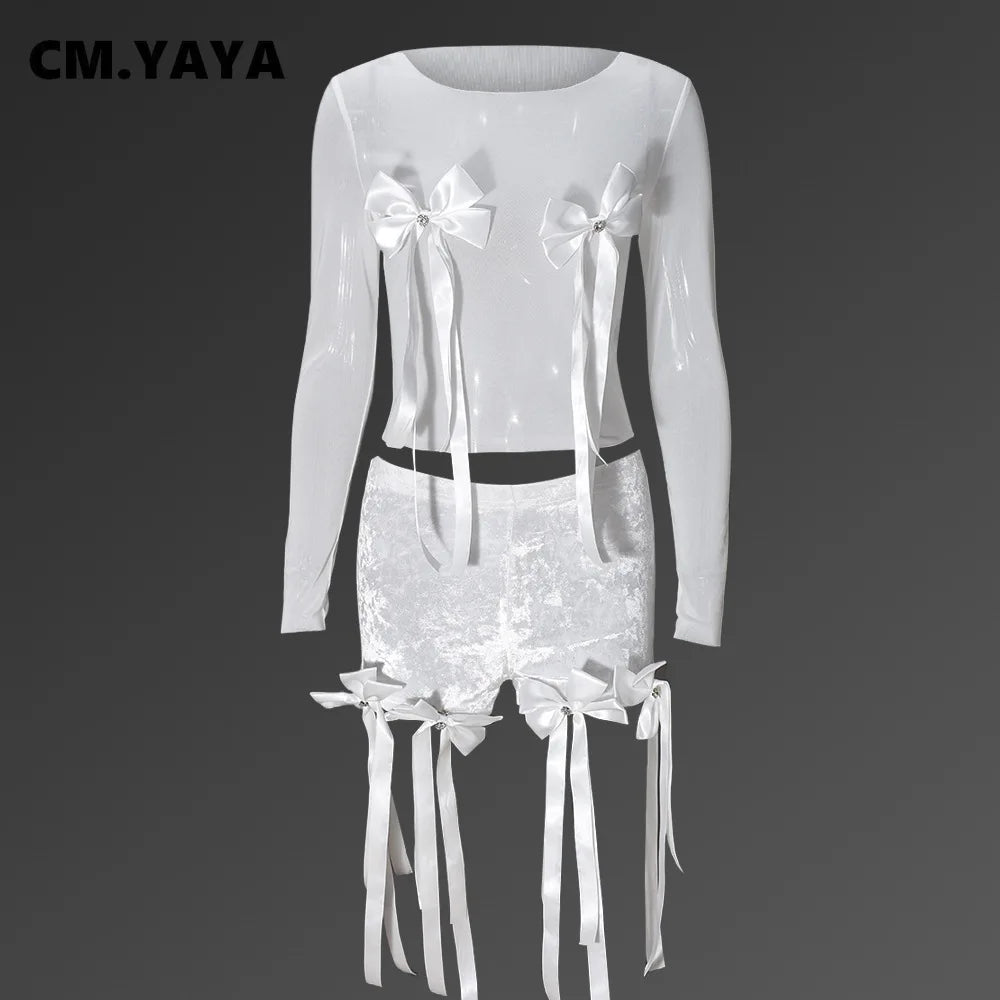 Women's Set Bow O-Neck Mesh Long Sleeve Tops + Velvet Shorts Suits Streetwear Sexy Two 2 Piece Outfits Tracksuits Summer