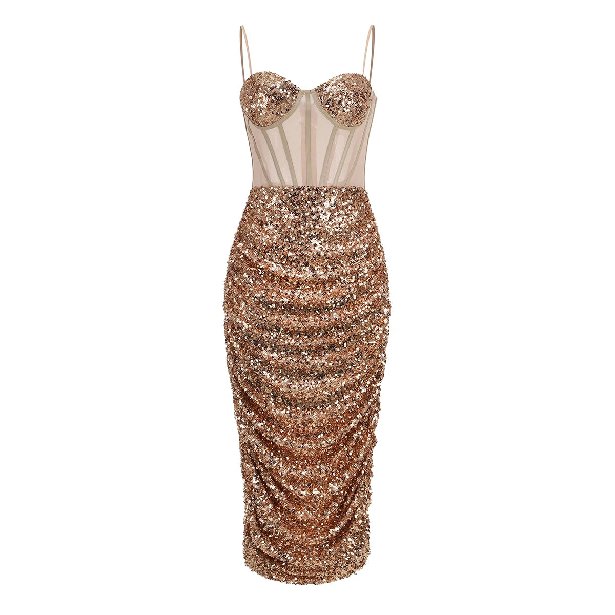 Sexy Party Dress Women Sparkle Glitzy Sequins Mesh Patchwork Spaghetti Strap Midi Back Slip Dresses Evening Vestidos Gold