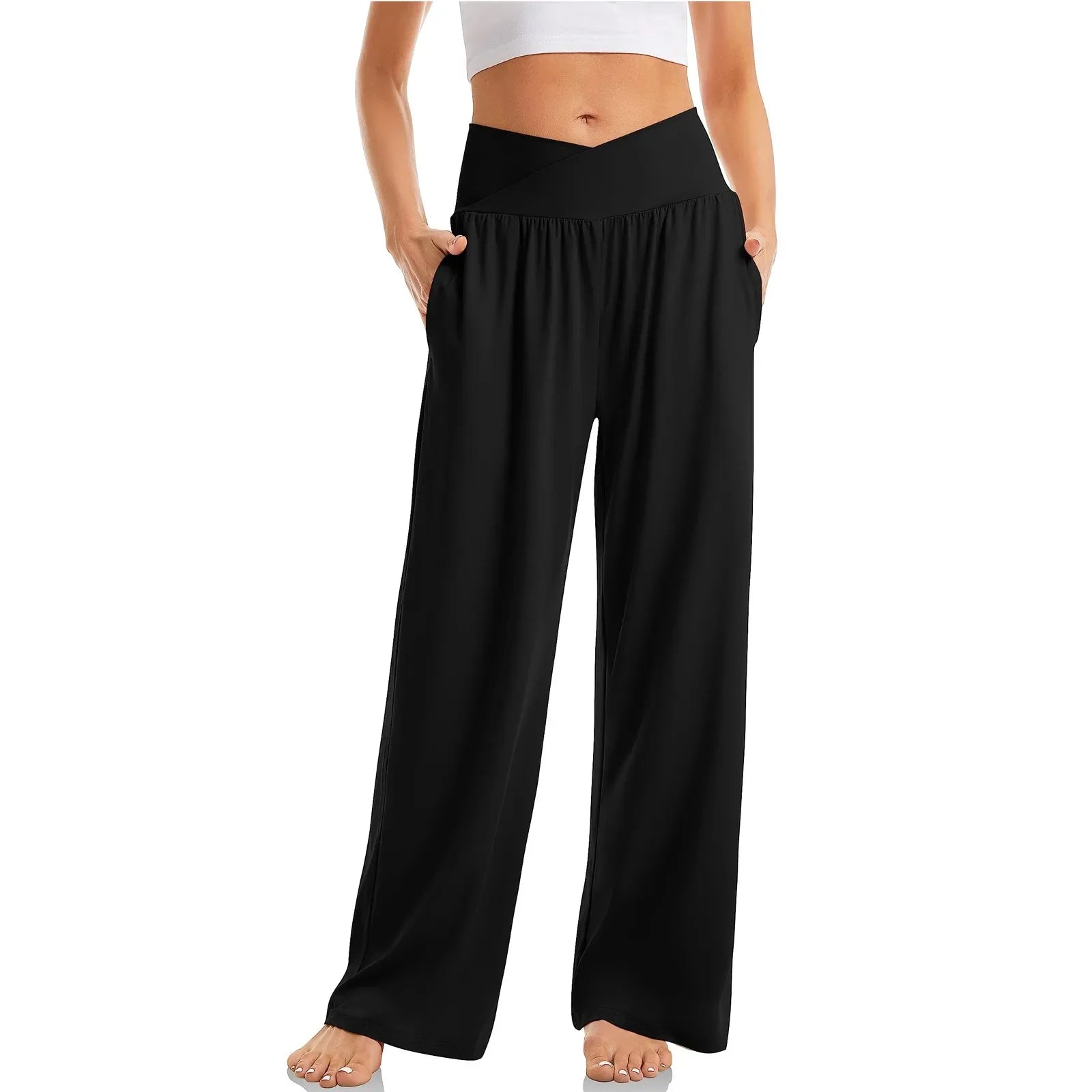 Women's High Waist Solid Color Casual Trousers Wide Leg Sports Pants With Pockets Black